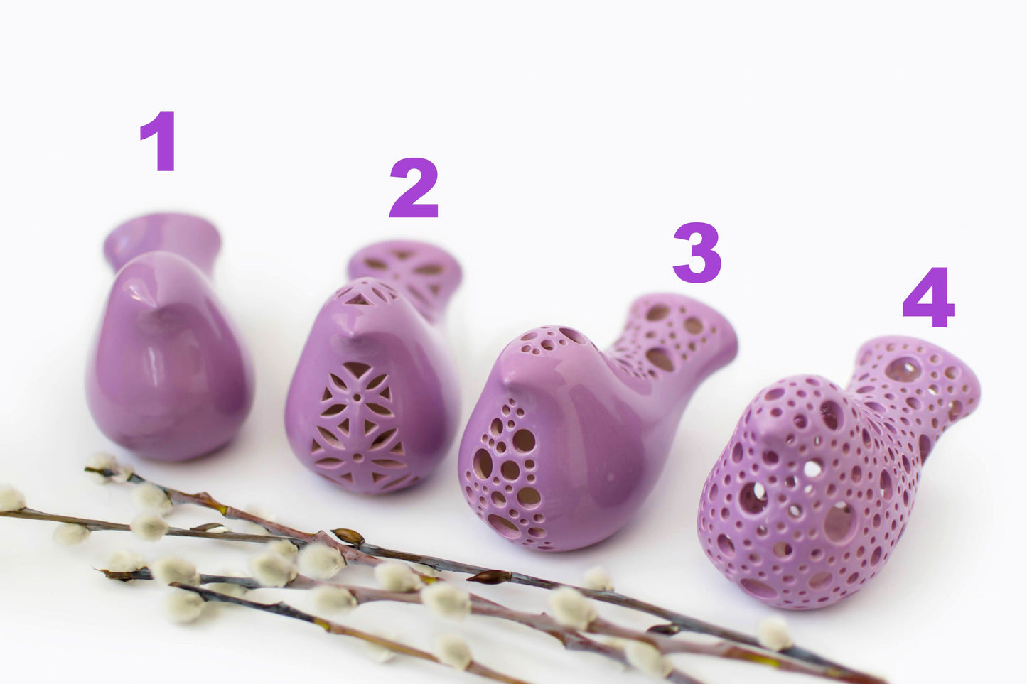 Purple Bird Figurine for Wedding Table Centerpiece, Ceramic Cake Topper, Pottery Anniversary Gift, Spring Dinner Table Decor