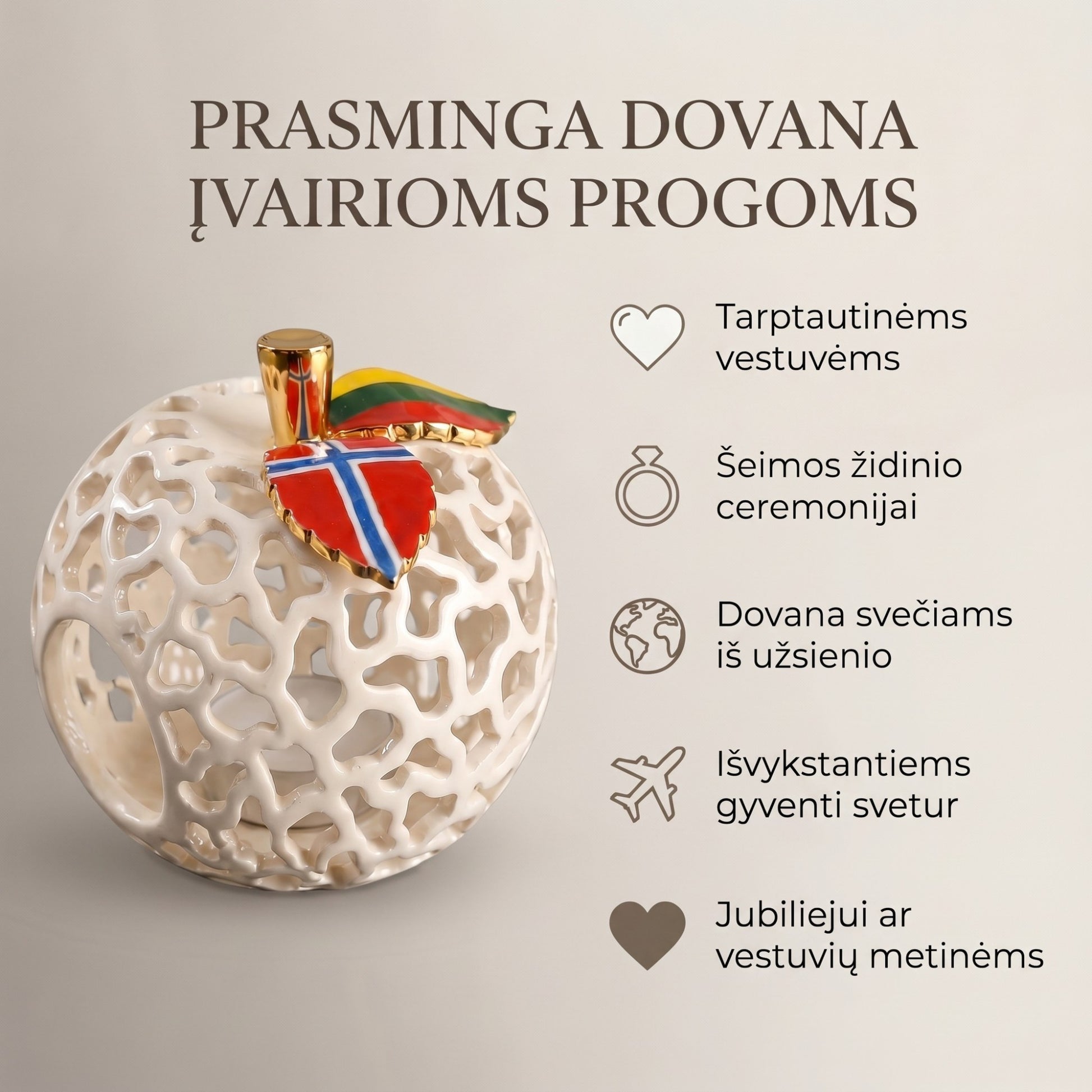Keraminė žvakidė obuoliuko formos su norvegijos ir lietuvos vėliavomis, Dariaus keramika