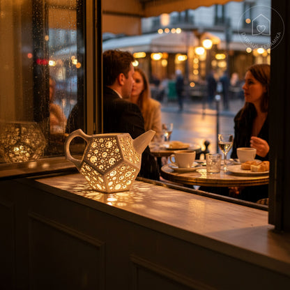 Ažūrinė balta keraminė žvakidė arbatinukas dodekaedro formos skleidžianti šviesą tamsoje ant medinio stalo