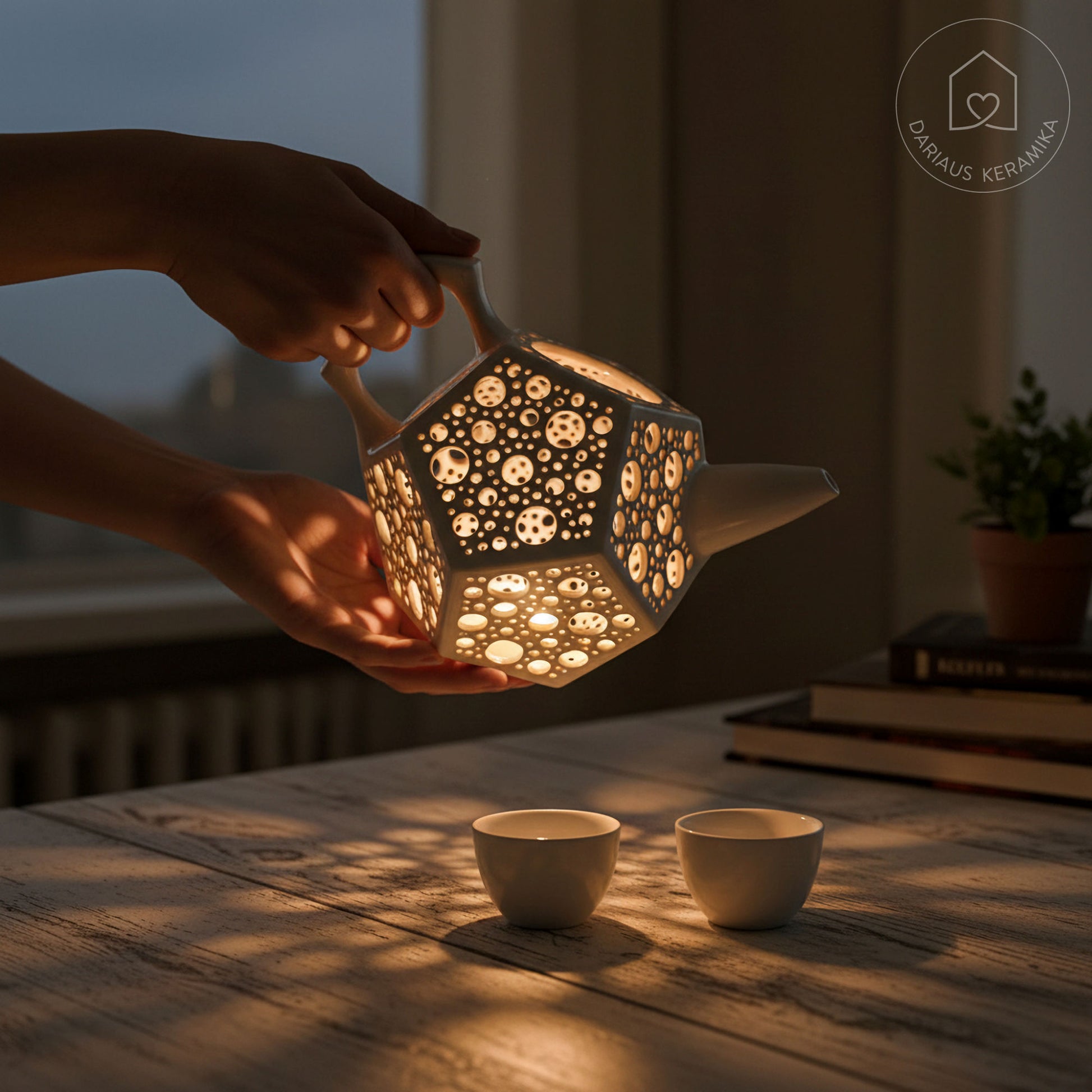 Ažūrinė balta keraminė žvakidė arbatinukas dodekaedro formos skleidžianti šviesą tamsoje ant medinio stalo