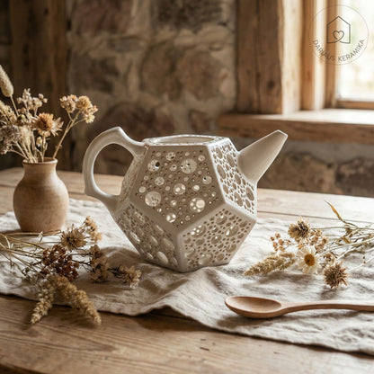 Ažūrinė balta keraminė žvakidė arbatinukas dodekaedro formos skleidžianti šviesą tamsoje ant medinio stalo