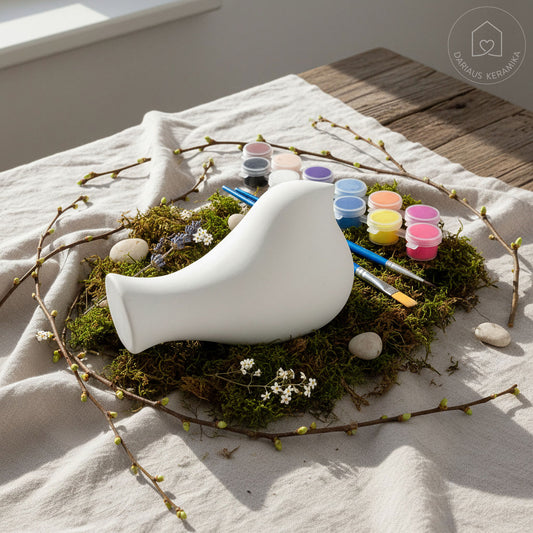 Molinis paukštukas dekoravimui ir spalvinimui - kūrybinis rinkinis su dažais - Dariaus Keramika