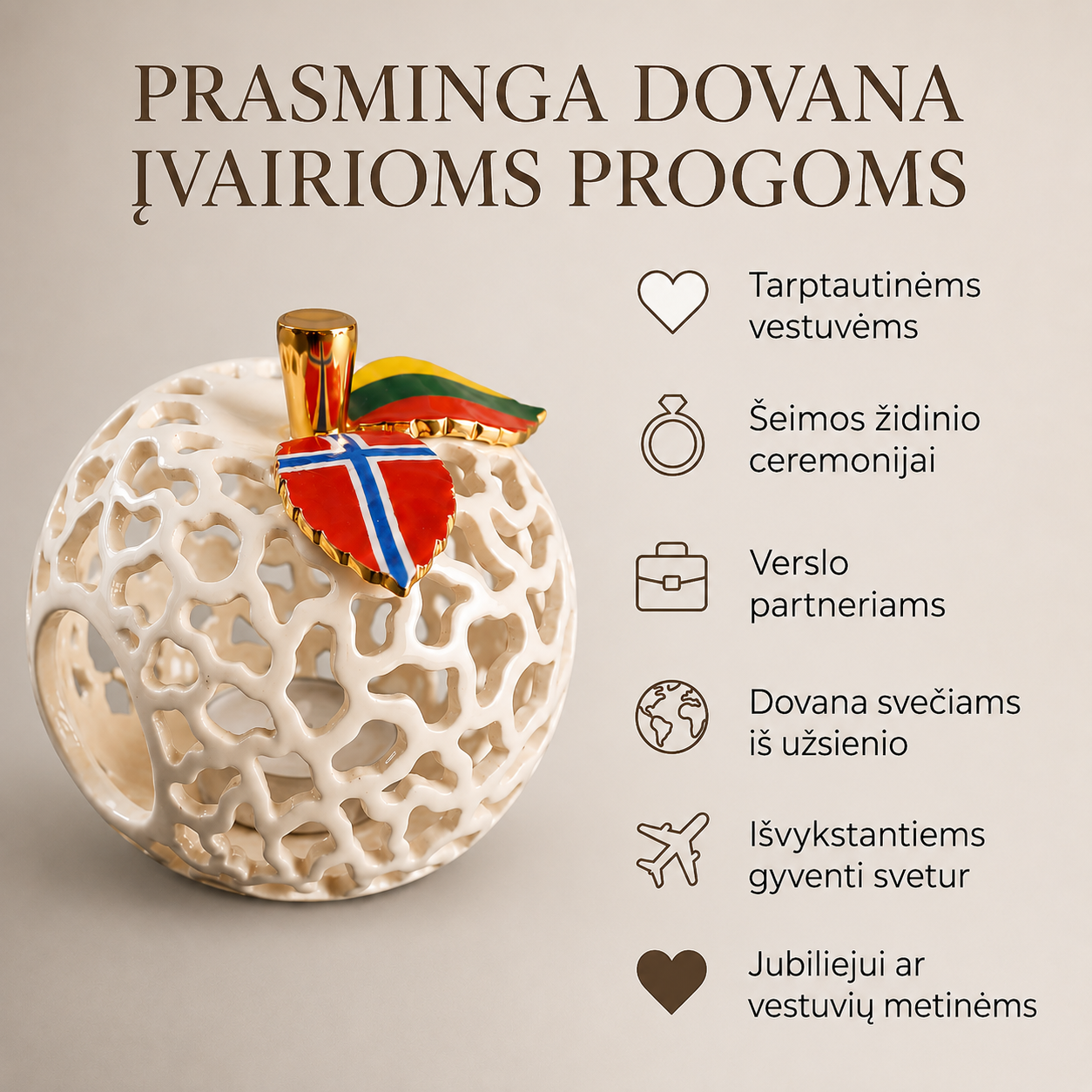 Keraminė žvakidė obuoliuko formos su norvegijos ir lietuvos vėliavomis, Dariaus keramika
