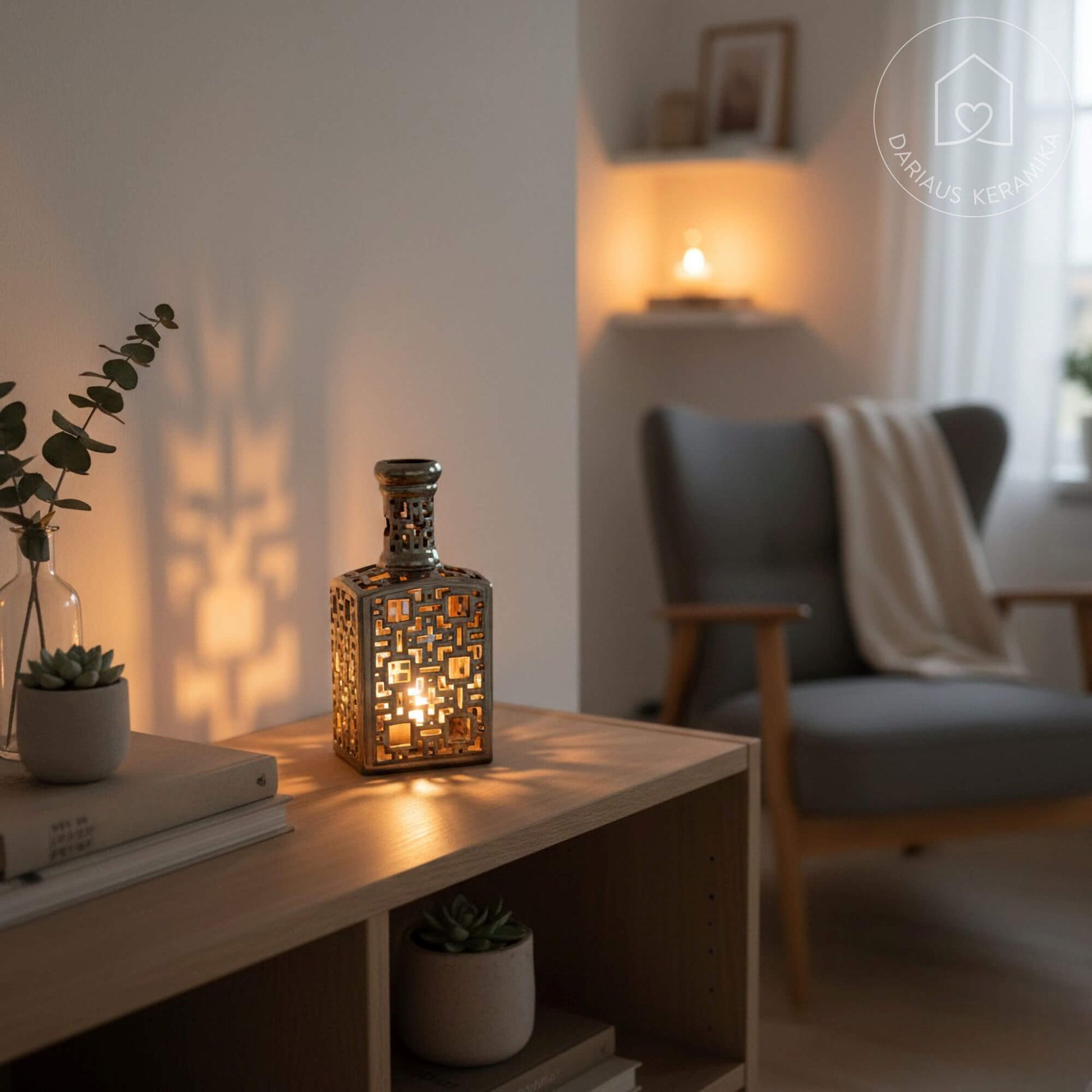 Ažūrinė rankų darbo keraminė žvakidė butelio formos interjerui