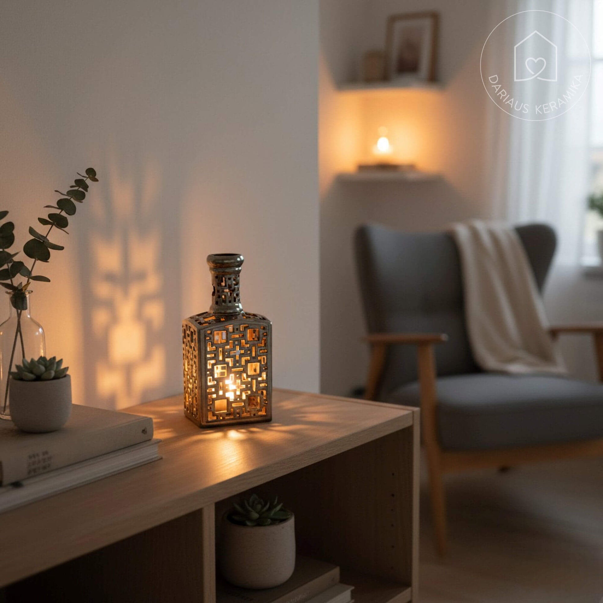 Ažūrinė rankų darbo keraminė žvakidė butelio formos interjerui