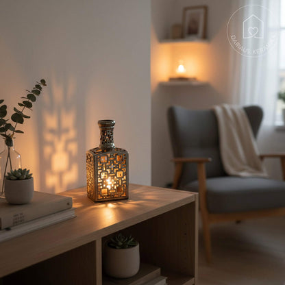 Ažūrinė rankų darbo keraminė žvakidė butelio formos interjerui