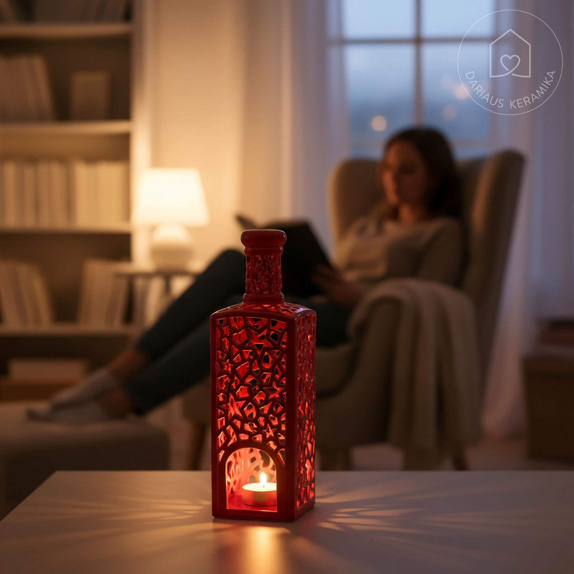 Ažūrinė rankų darbo keraminė žvakidė butelio formos interjerui