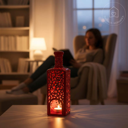 Ažūrinė rankų darbo keraminė žvakidė butelio formos interjerui