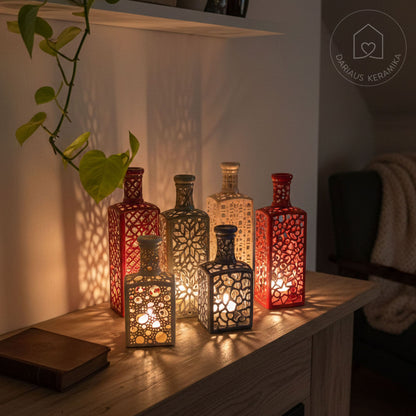 Ažūrinė rankų darbo keraminė žvakidė butelio formos