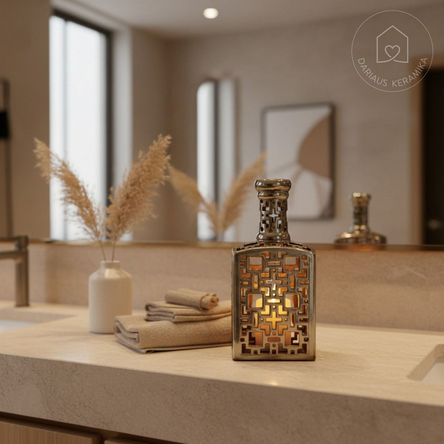 Ažūrinė rankų darbo keraminė žvakidė butelio formos interjerui