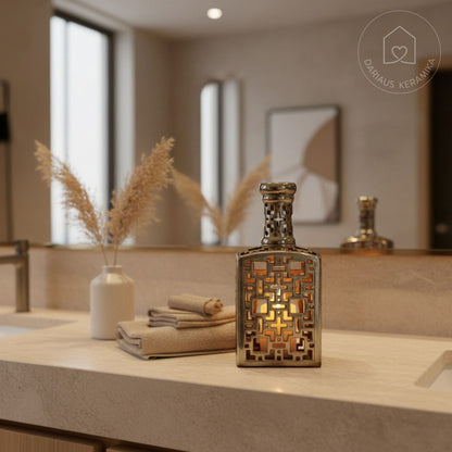 Ažūrinė rankų darbo keraminė žvakidė butelio formos interjerui