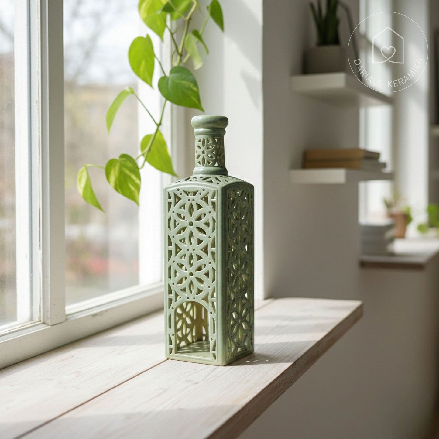 Ažūrinė rankų darbo keraminė žvakidė butelio formos interjerui