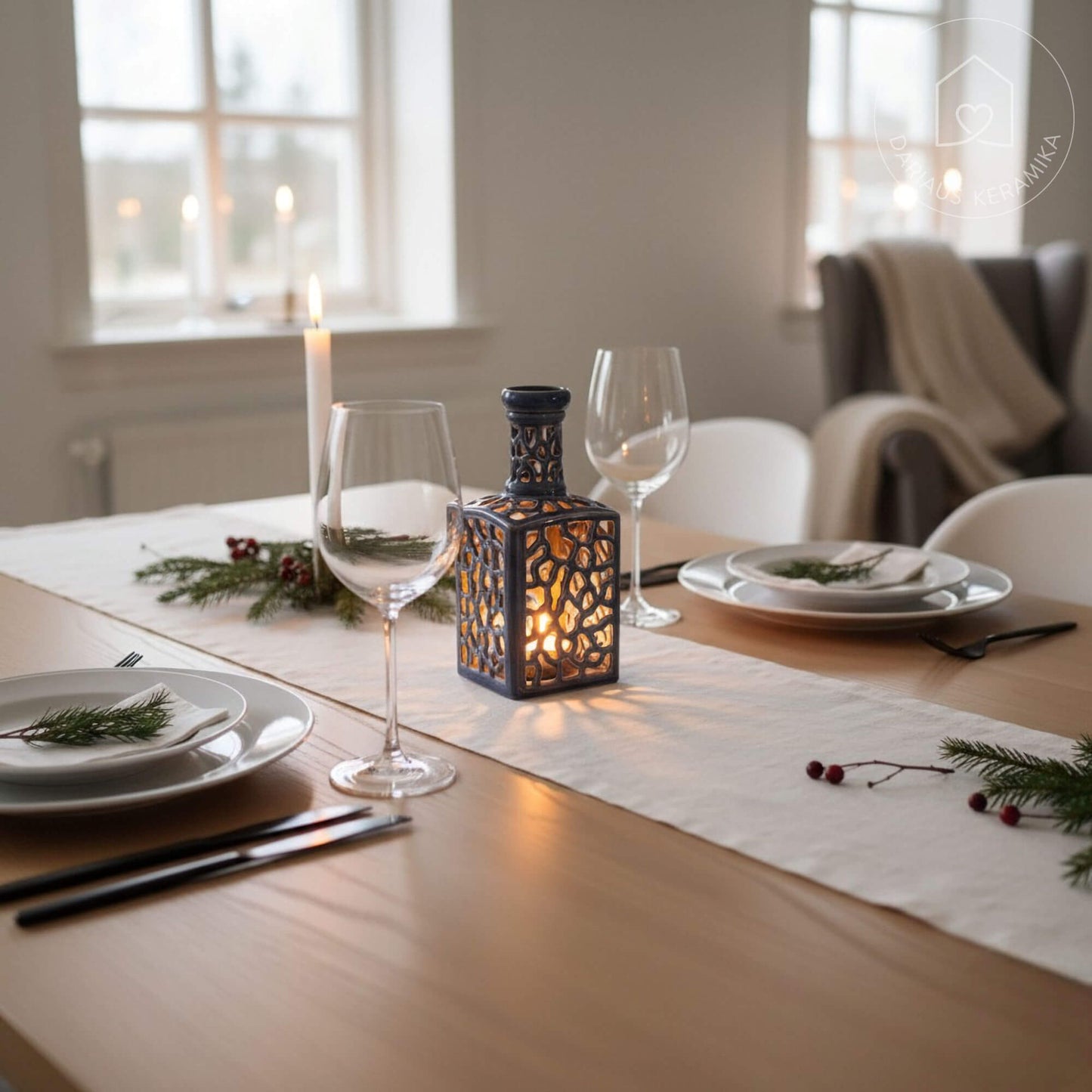 Ažūrinė rankų darbo keraminė žvakidė butelio formos interjerui