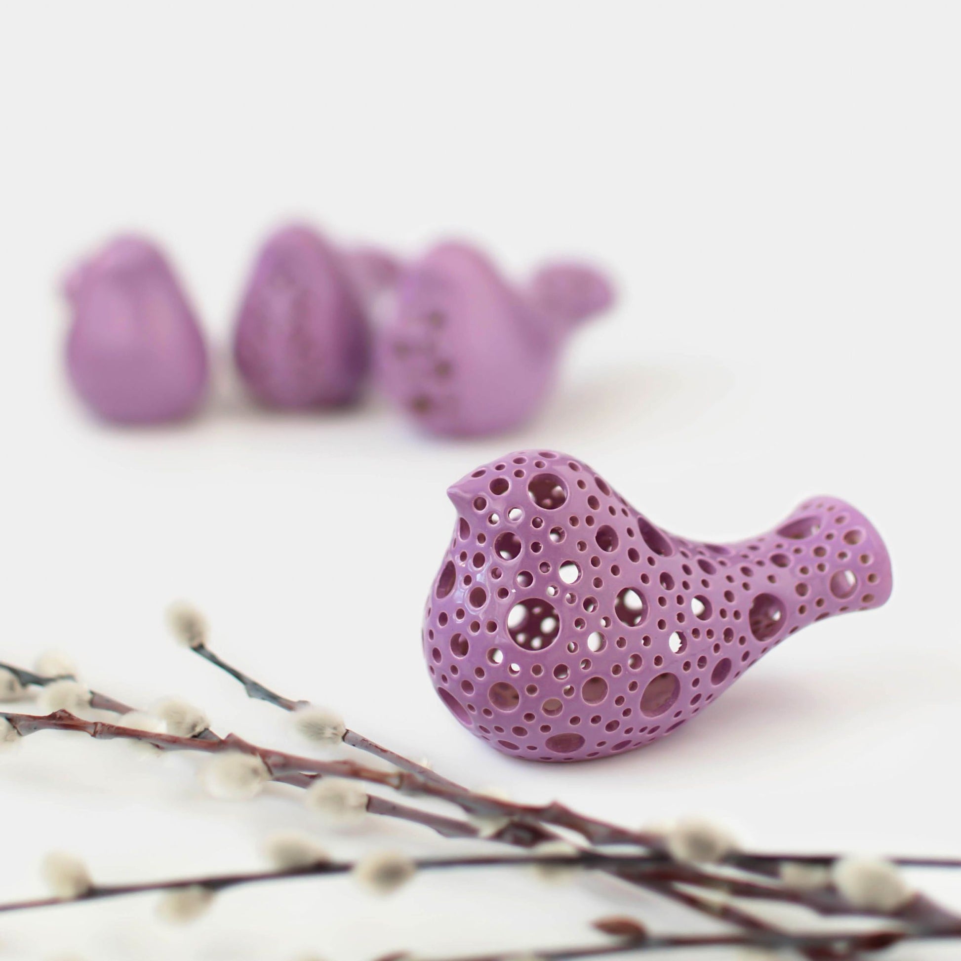 Purple Bird Figurine for Wedding Table Centerpiece, Ceramic Cake Topper, Pottery Anniversary Gift, Spring Dinner Table Decor