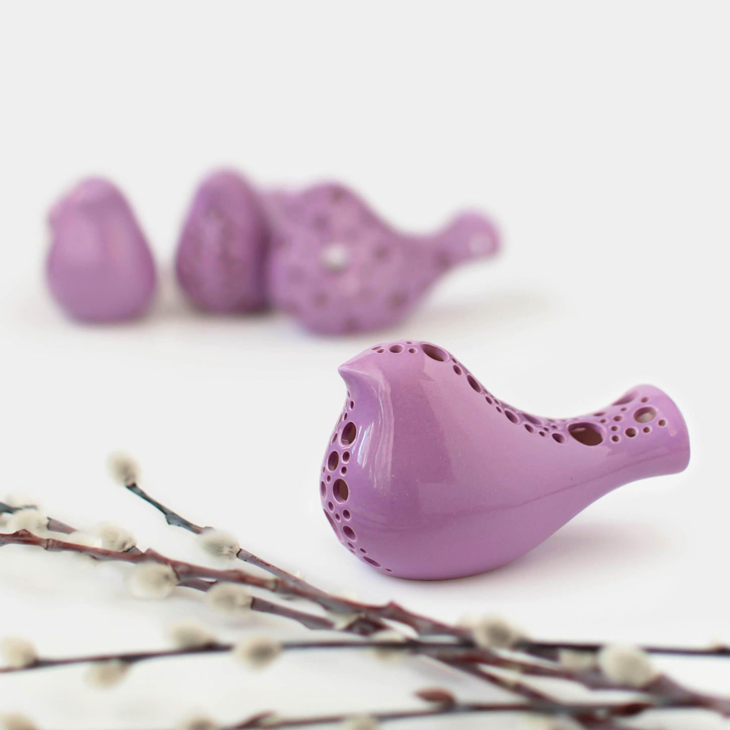 Purple Bird Figurine for Wedding Table Centerpiece, Ceramic Cake Topper, Pottery Anniversary Gift, Spring Dinner Table Decor